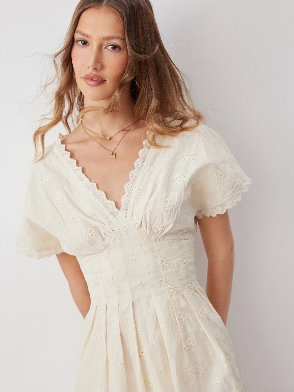 CIDER’s COTTON V-NECK BATWING SLEEVE EYELET
FLARED MINI DRESS I-0342 - Picture 8 of 16